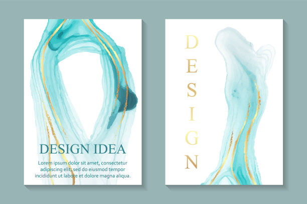 水彩背景与抽象蓝绿色墨水波和金色曲线。图片下载