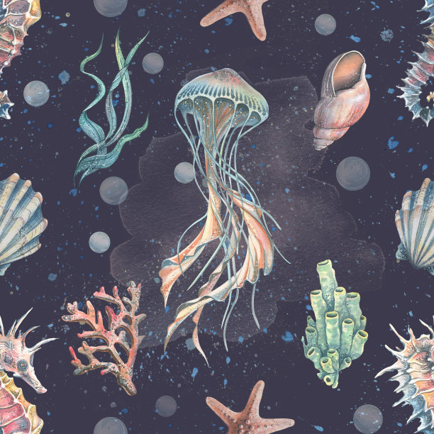 水彩插图图案海星，贝壳，珊瑚，水母，海马，水，海，海洋。图片下载