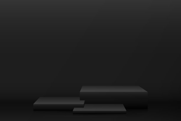 在黑暗的房间背景上有黑色的展台。用作产品展示的蒙太奇图片下载