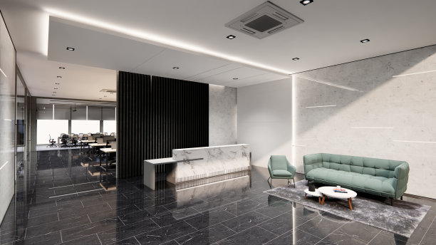 现代和豪华的办公室大堂内部区域，设有电梯和楼梯。长接待处。绿色大理石墙面瓷砖装饰。三维渲染图片下载