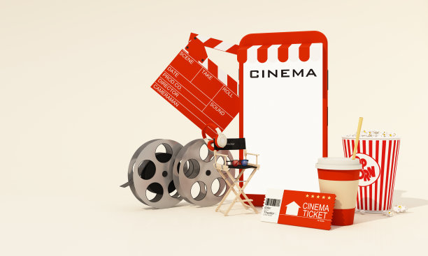 疫情期间在家在线看电影的概念，手机屏幕为您提供内容，周围是电影票，爆米花和饮料，电影制作设备3d渲染图片下载