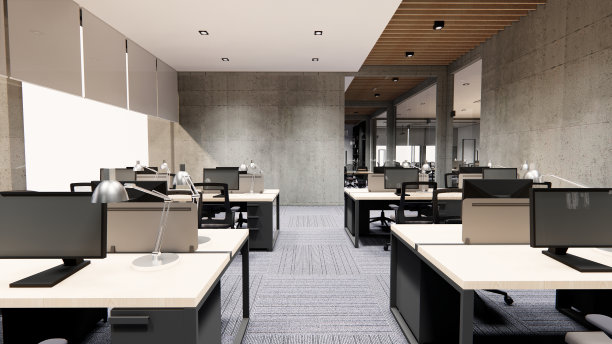 现代和豪华的办公室大堂内部区域，设有电梯和楼梯。长接待处。绿色大理石墙面瓷砖装饰。三维渲染图片下载