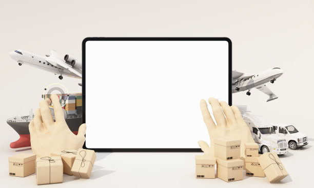 国际运输航运概念与平板电脑屏幕VR包围纸板箱，一艘集装箱船，一架飞机，一辆货车和一辆卡车孤立在白色背景3D渲染图片下载