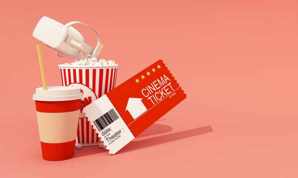 在家在线看电影的概念。被电影设备、电影票、电影胶卷、电影摄像机包围，爆米花和饮料被隔离在背景上进行3d渲染图片下载