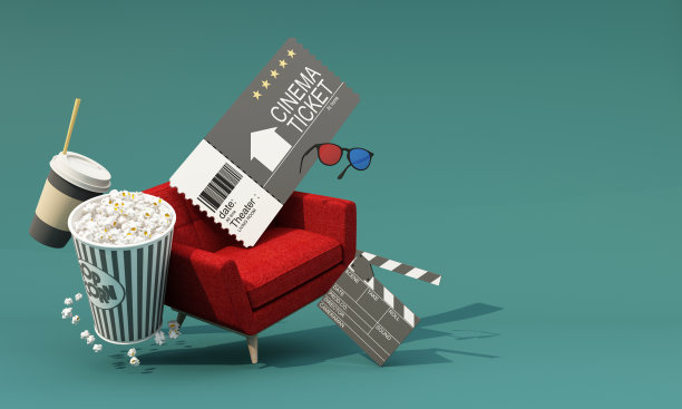 周围有电影设备、电影票、电影胶卷、电影摄像机，爆米花和饮料用红色皮革椅3d渲染图片下载