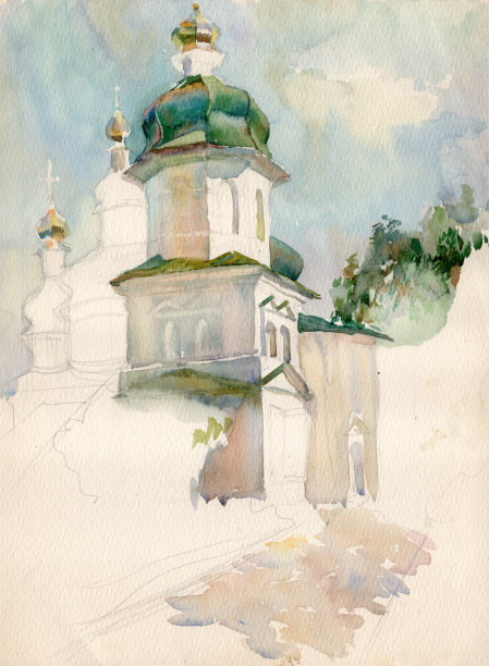 水彩画未完成的风景小品。Chernihiv的乌克兰巴洛克风格的教堂图片下载