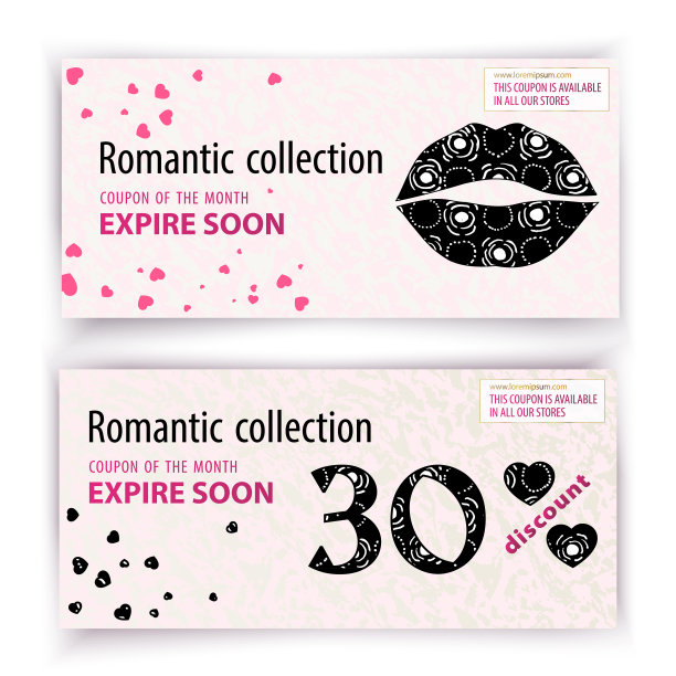 凭证模板。百货商店折价七折，浪漫假期大甩卖。黑色嘴唇与手工模式。矢量插图。图片下载