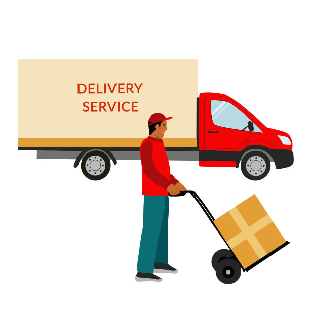 送货服务卡车和快递概念手绘矢量插图图片下载
