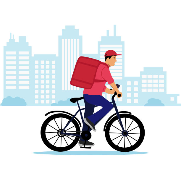 股票矢量手绘平面插图快递员骑自行车在城市周围图片下载