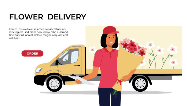 股票矢量手绘平面插图花送货卡车和快递手捧花束图片下载