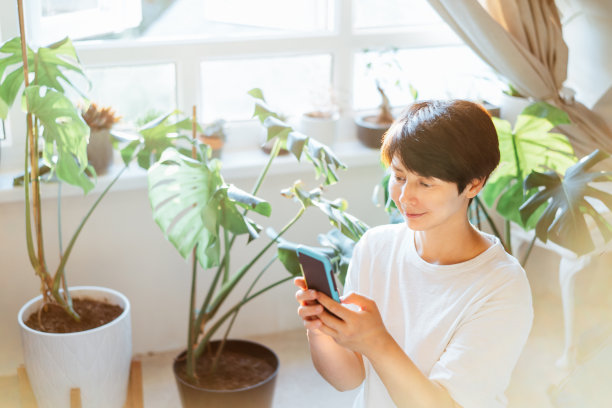 在绿树成荫的房间里，穿着白色t恤的微笑的女人坐在靠窗的地方，用手机看日落。化的生活方式。内容创造，博客，影响者。有选择性的重点。图片下载