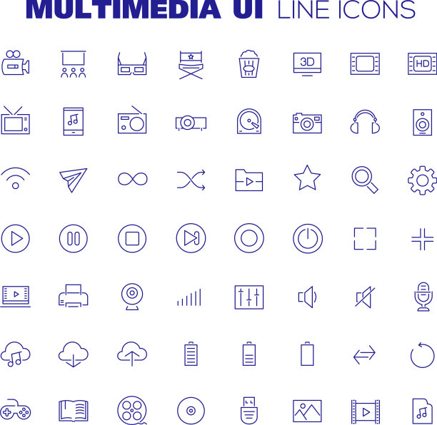 大多媒体图标设置时尚的线性图标图片下载
