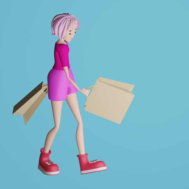 现代时尚女孩与购物袋。3D渲染，3D渲染。图片下载