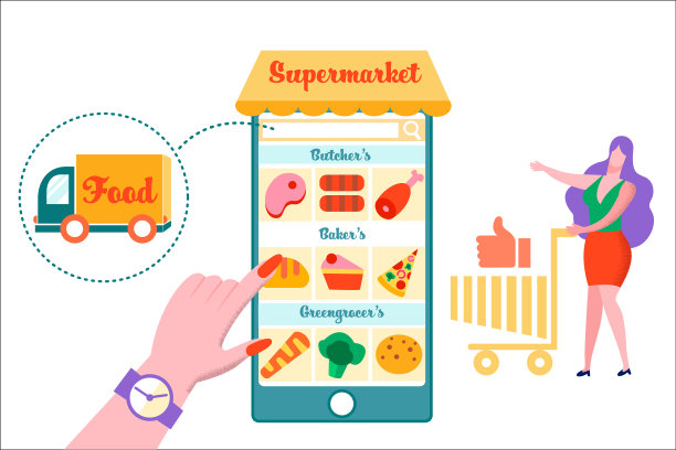 在大型智能手机超市推手推车的女人图片下载