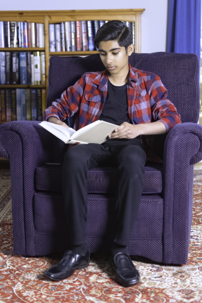 少年在家里的办公室里读书图片下载