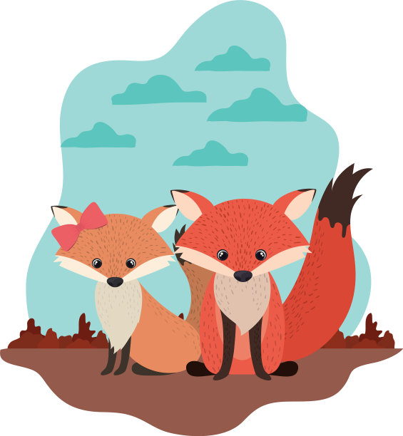 可爱的狐狸夫妇与背景景观图片下载