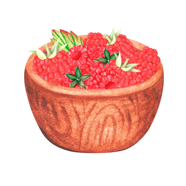 木盘子里的树莓。水彩插图。孤立在白色背景上。为设计。图片下载