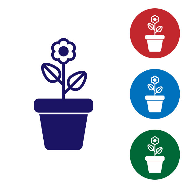 蓝色的花在花盆图标孤立在白色图片下载