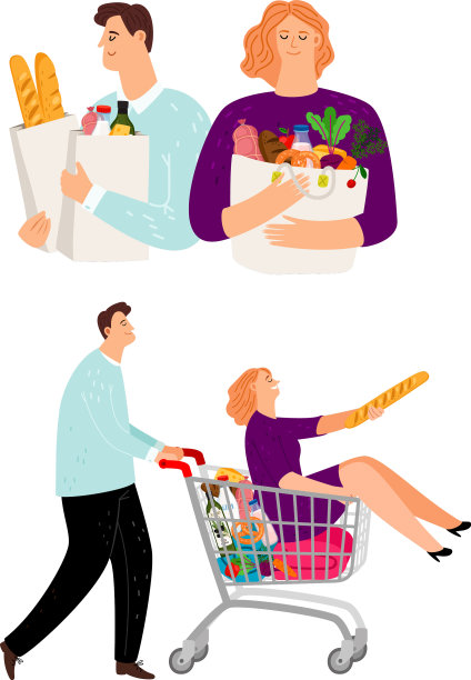 人们推着购物车的男人和女人图片下载