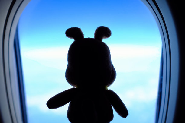 泰迪熊的剪影正从飞机窗户往外看。图片下载