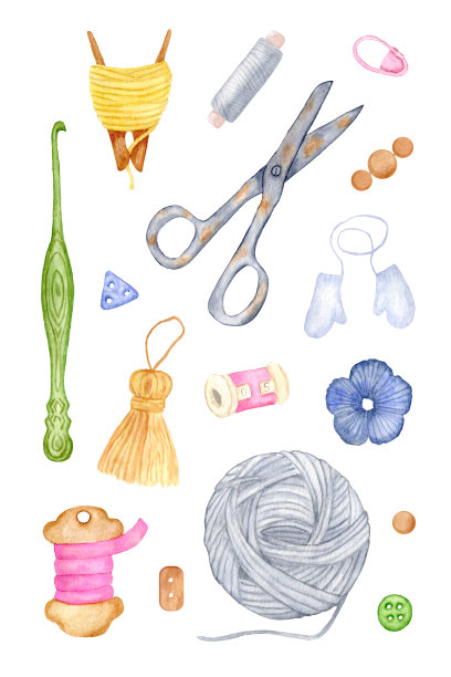 水彩套装，手工工具。为刺绣，裁缝和编织的东西。针织钩、剪刀、纱、筒子。图片下载