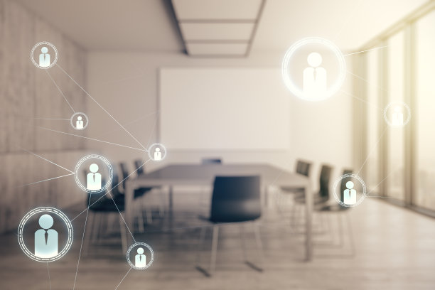 双重曝光社交网络图标全息图在现代董事会背景。网络的概念图片下载