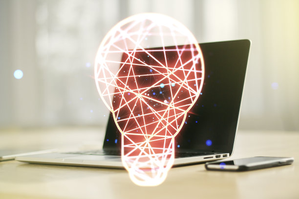 创意灯泡插图现代电脑背景，未来的技术概念。Multiexposure图片下载