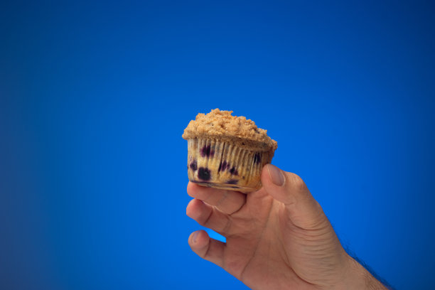 白种男性手里拿着新鲜的蓝莓松饼或纸杯蛋糕。关闭工作室拍摄，孤立在蓝色背景图片下载