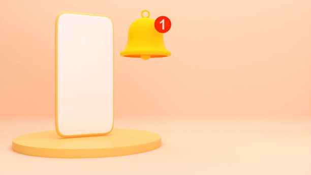 手机通知，以保持了解重要新闻。，黄色手机上的黄色圆形基座上有通知消息，模拟手机，3d渲染图片下载