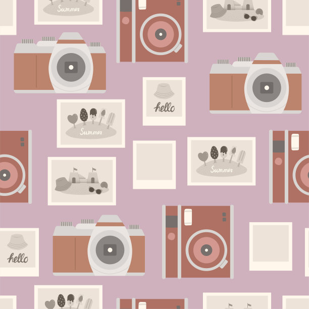夏天无缝图案与相机和照片，矢量图片下载