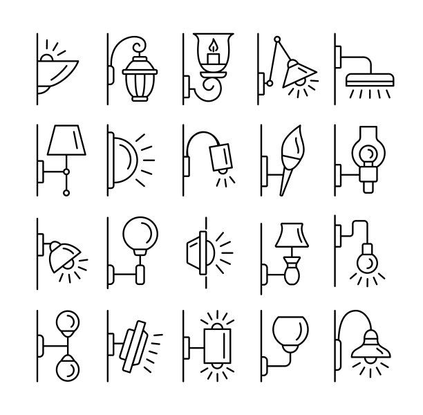 头上。行图标集。不同类型的外墙和内墙灯。现代和古董壁灯。孤立的对象图片下载