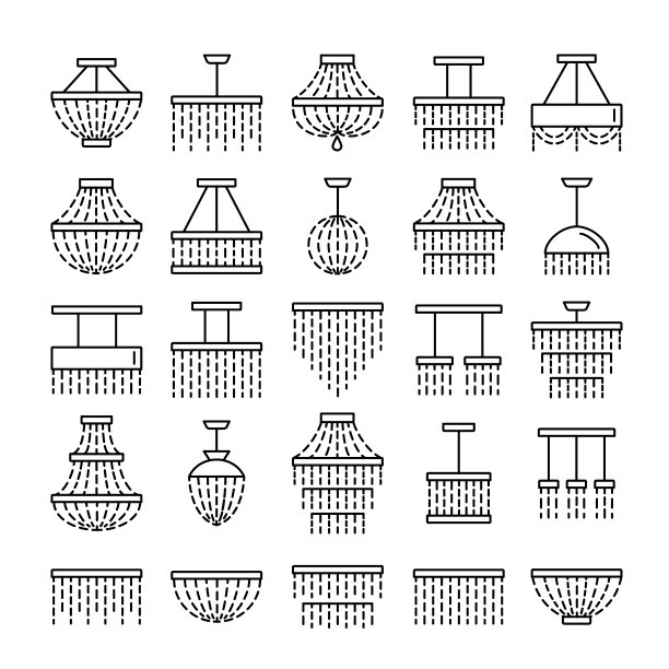 水晶吊灯。一套现代华丽的枝形吊灯。豪华家居复古与现代灯具。矢量线图标集合。孤立的对象图片下载