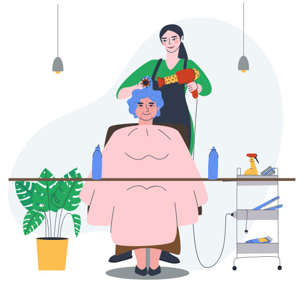 老年妇女在美容院造型，发型师吹发。扁平矢量插画。图片下载