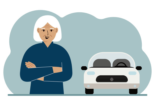 快乐的老妇人旁边有一辆漂亮的白色汽车。向量图片下载
