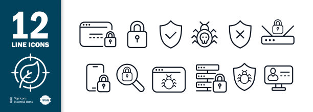 病毒防护图标设置。病毒。杀毒。保护站点、服务器、电话和PC。向量eps 10。图片下载