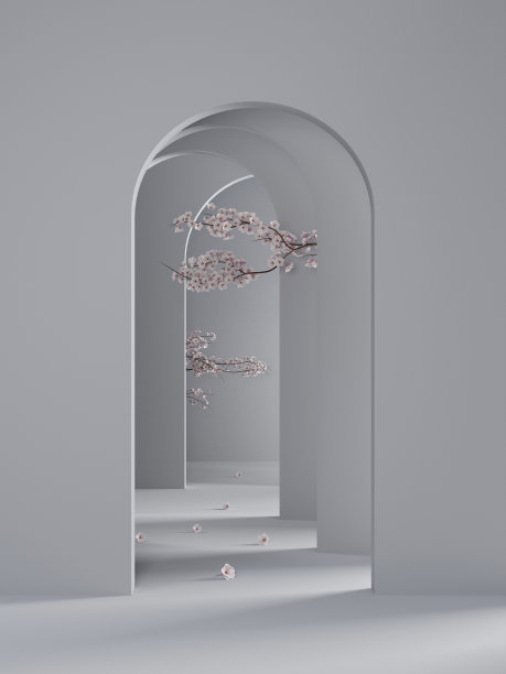 随机拱门入口与樱花3D渲染插图图片下载