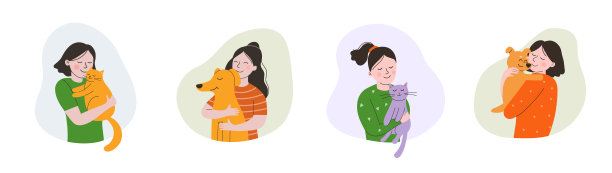 女孩们抱着猫和狗。孩子小狗友谊。矢量平面风格的卡通插图图片下载