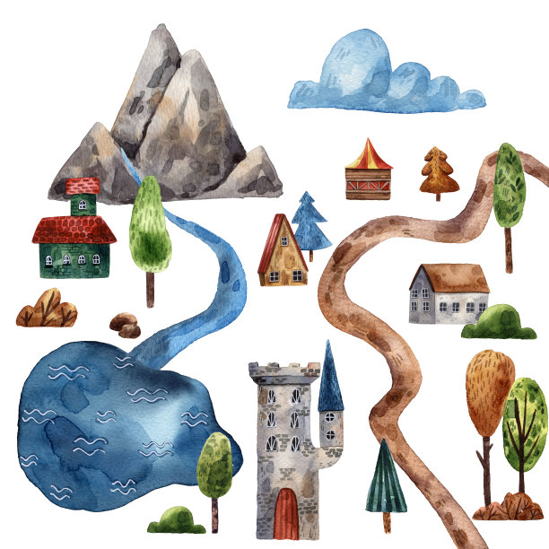 水彩风景卡片。山脉和农村。旅游地图。手绘卡通风格的插图。山的风景。湖和河。简单的绘画风格。可爱的房子和树。户外散步。图片下载