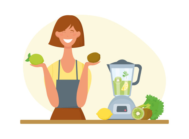 一名年轻女子手里拿着水果，用搅拌器把不同的水果搅拌成奶昔。向量图片下载