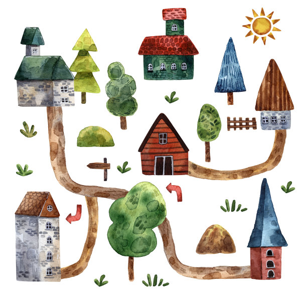水彩风景卡片。可爱的乡村地图。旅游地图。手绘卡通风格的插图。神奇的景观。别墅和道路。简单的绘画风格。可爱的房子和树。户外散步。图片下载