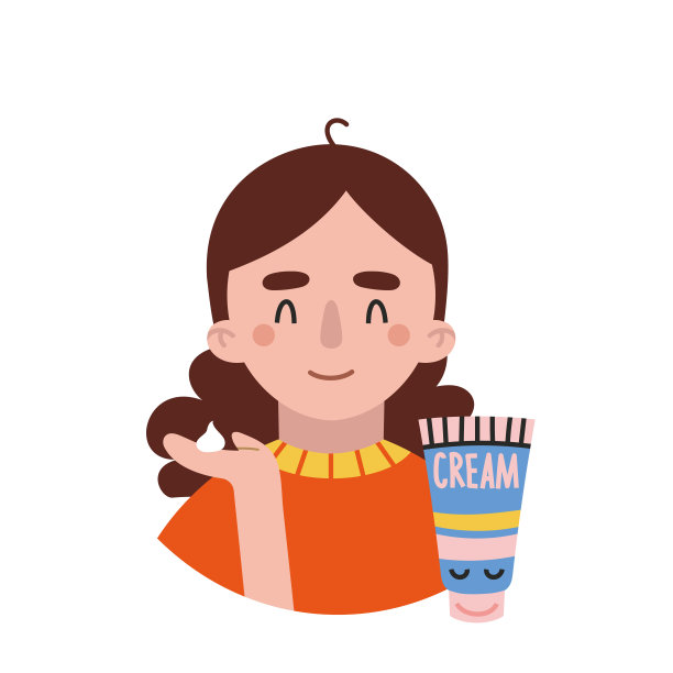 女孩涂日霜或晚霜，面部皮肤护理常规，卡通风格的人物图片下载