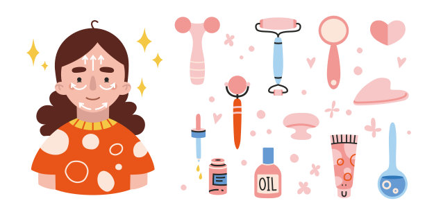 面部按摩套装，卡通风格。女孩和面部按摩器，刮痧按摩器。图片下载