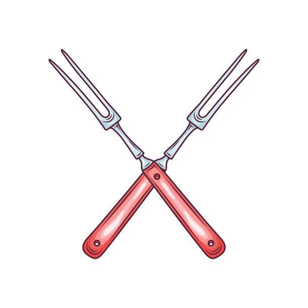厨房烹饪干草叉或肉叉器皿，手绘彩色矢量插图孤立在白色背景。长柄烧烤叉。图片下载