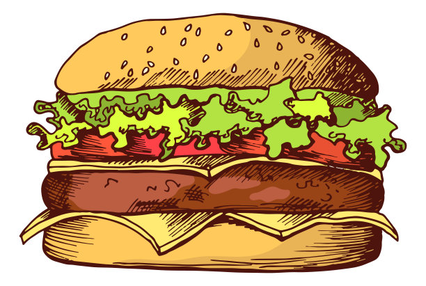 汉堡彩色草图。手绘快餐符号图片下载