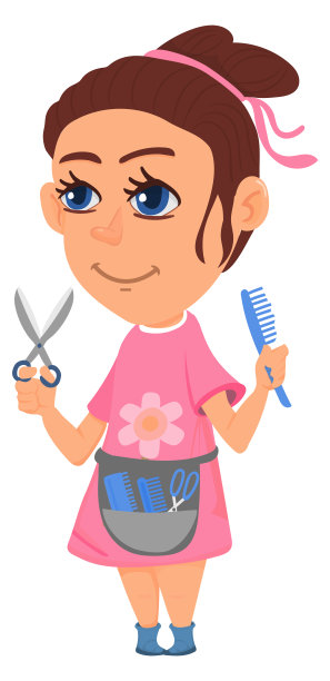 拿着剪刀和发刷的理发师女孩。孩子的职业角色图片下载