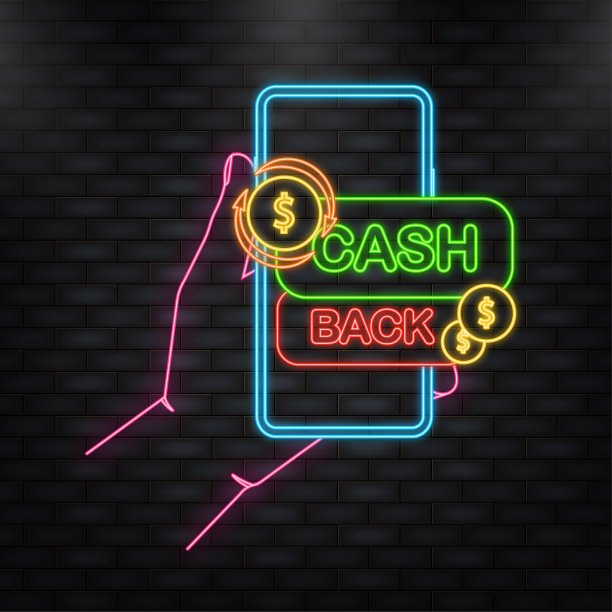 霓虹灯图标。超市夜未眠概念的标志。现金返还白色背景蓝色横幅。图片下载
