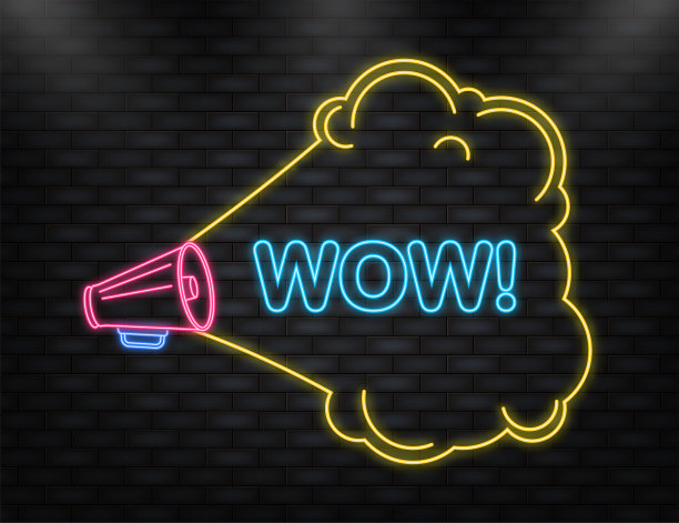 霓虹灯图标。带扩音器的蓝色横幅上写着“哇”。矢量插图。图片下载