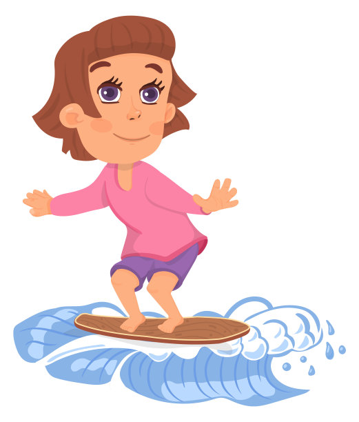 女孩在波浪上冲浪。儿童站立冲浪板图片下载