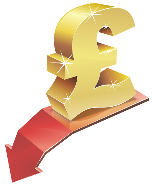 红色向下箭头上的3D黄金英镑符号(切割)图片下载