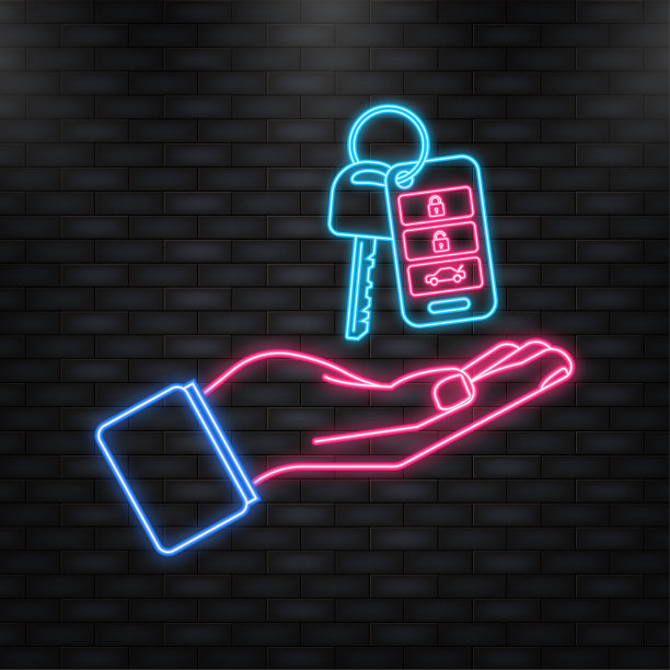 霓虹灯图标。自动键与手，伟大的设计，任何目的。蓝色背景。白色背景。矢量图标。图片下载
